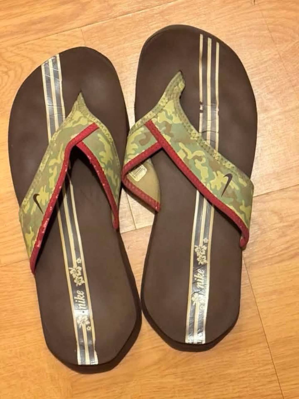 Nike Brown Flip-Flops with Green Camo Straps and Red Trim